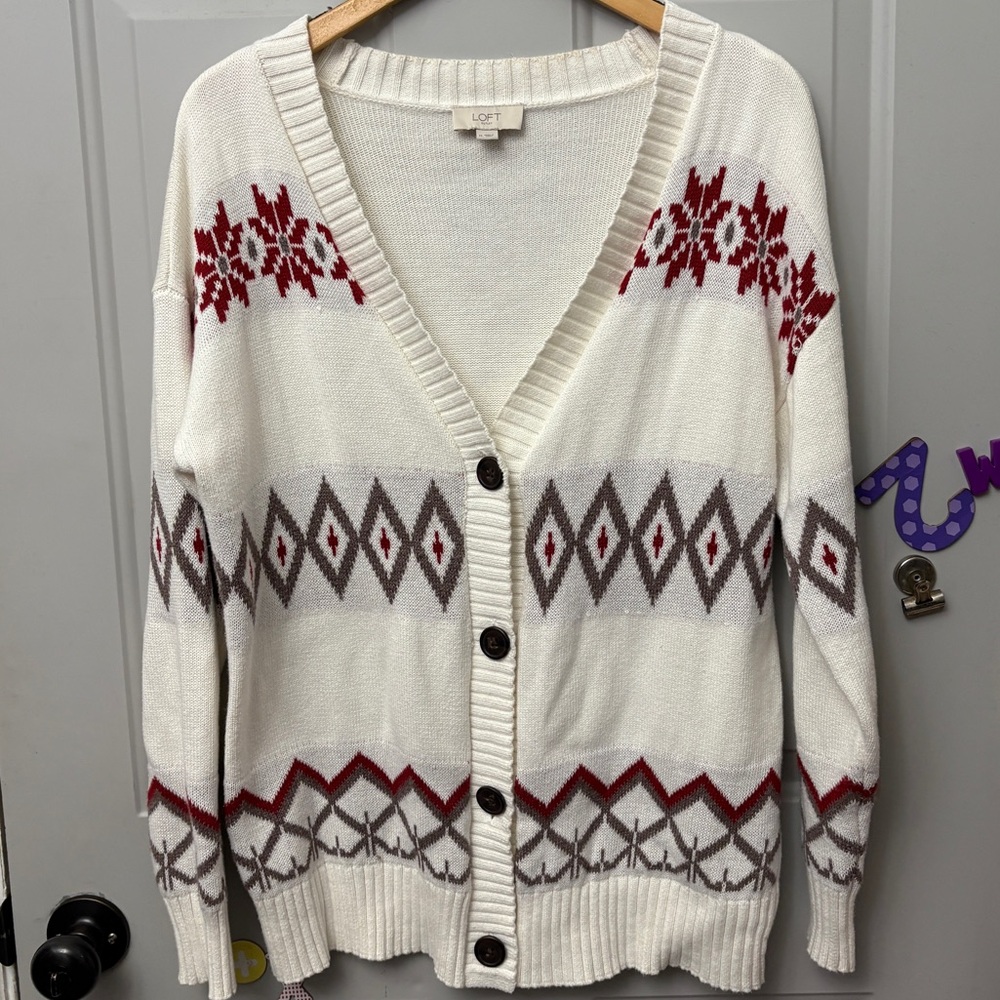LOFT Cream and Red Geometric Cardigan